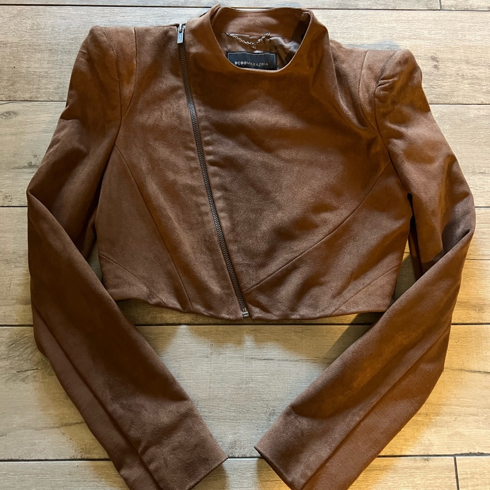 BCBGMaxAzria Cropped Suede Moto Jacket in Cognac Brown - Picture 2 of 6